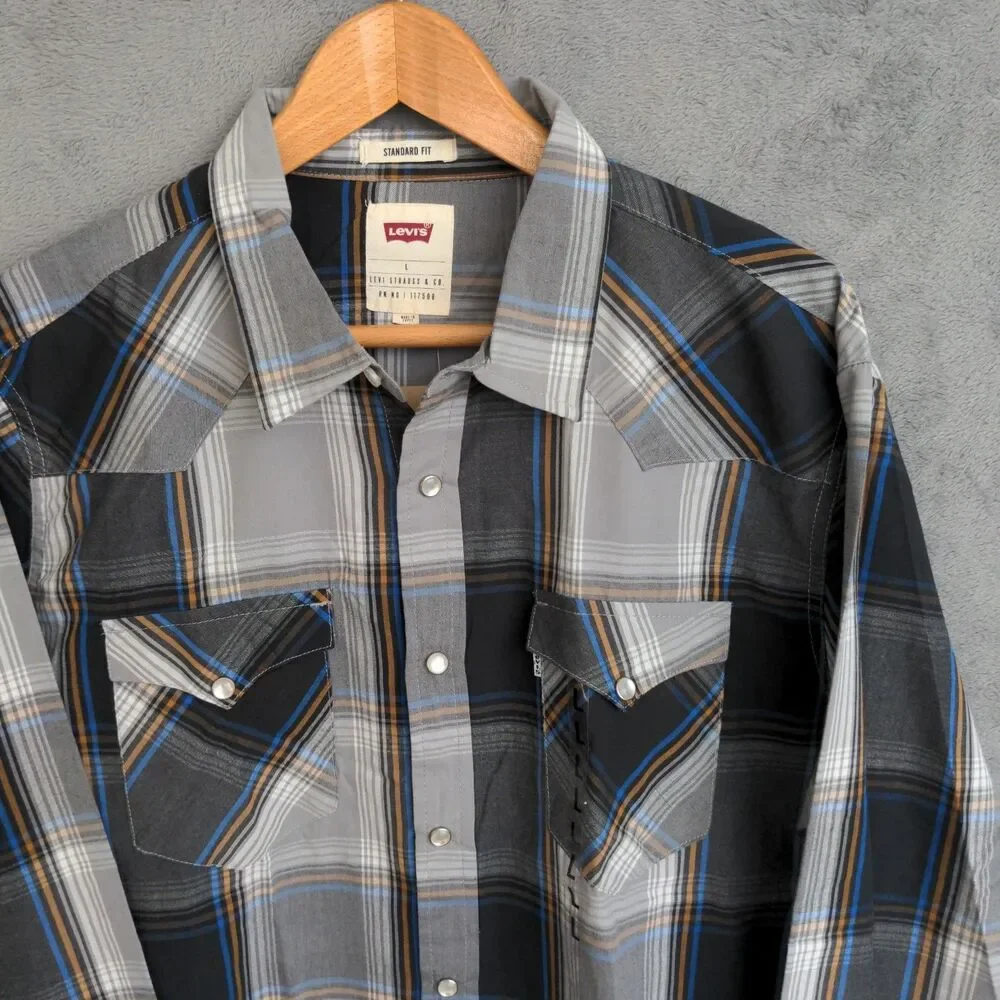 NWT Levi's Western Pearl Snap Shirt Mens L Plaid Standard Fit Long Sleeve